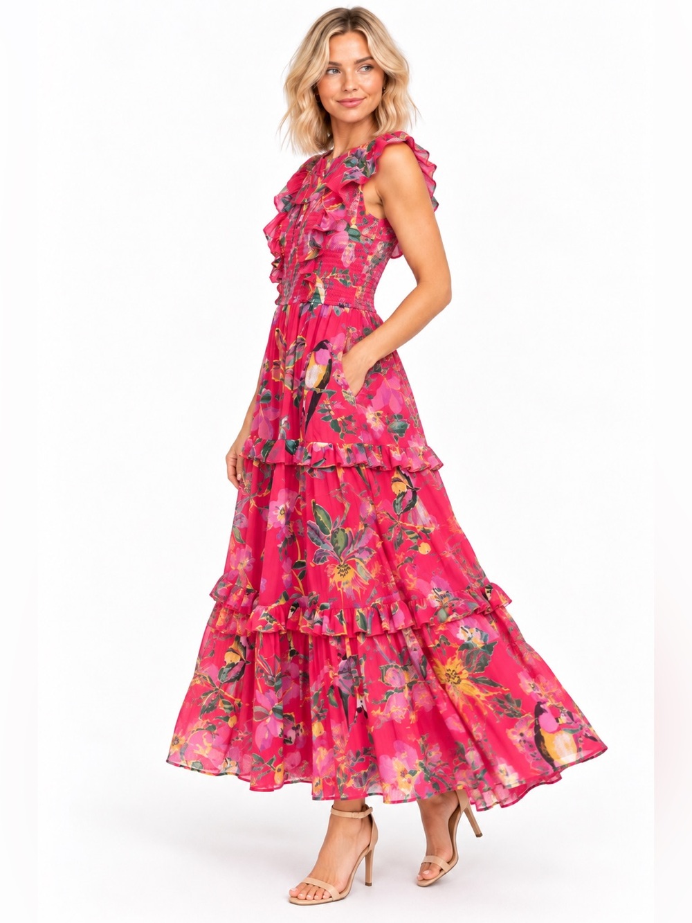 Banjanan Pink Tropical Bird Floral Smocked Ruffle Tiered Maxi Dress S